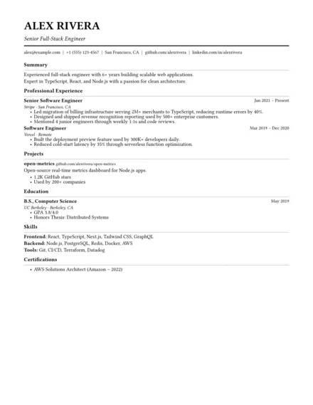 Executive resume template preview — High-density hierarchy for senior & staff roles