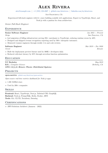 Modern Tech resume template preview — Sleek typography with structured sections
