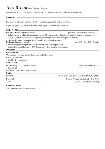 Soft & Hard resume template preview — Distinct skill categorization and tech stacks